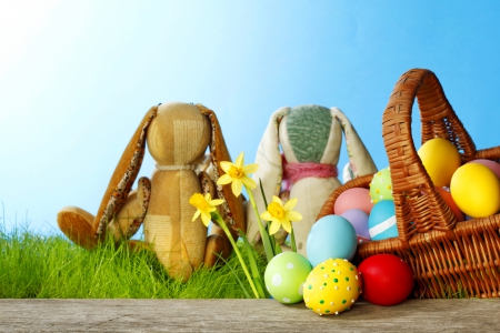 Cute Easter - eggs, spring, grass, daffodils, bunny, toy, easter, basket, cute