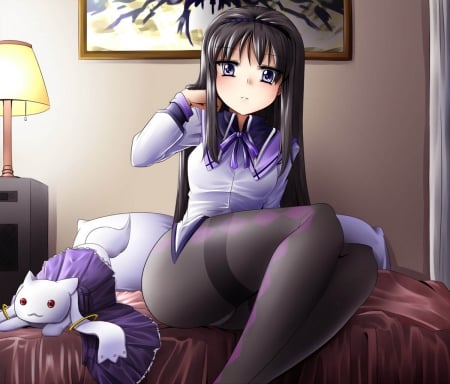 Akemi Homura - mahou shoujo madoka magica, akemi homura, realistic, gloomy, girl, female, magical girl, sad, emotional, long hair, anime girl, black hair, sorrow, anime, bedroom