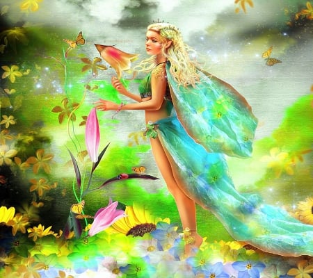 ~Fairy in Spring~ - lovely flowers, blue, creative pre-made, butterflies, spring, photomanipulation, butterfly designs, seasons, softness beauty, beautiful, backgrounds, digital art, weird things people wear, colors, lovely, cool, fantasy, lady, woman, models female, love four seasons, gardening, animals