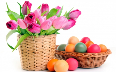 Tulips and Eggs - pink tulips in basket, easter, colourful easter eggs, basket, spring, eggs, pink flower, holiday, egg, pink flowers, pink tulip, religious, pink tulips, colourful eggs, christ, pink, tulip, flowers, tulips in basket, flower, colourful