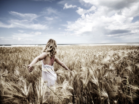 Hear the wind blow - women, clouds, wheat, field, sky