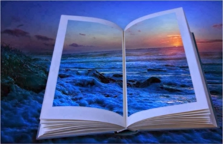 The Book of Life - book, beach, collage, sunset, sea, nature