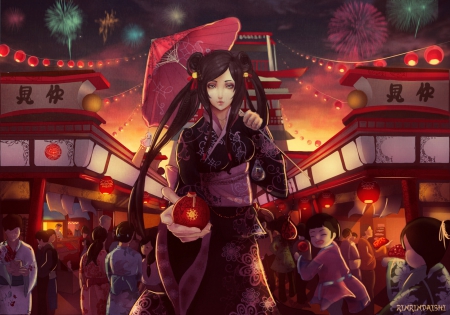 Welcome to the Festival - female, people, twintail, anime girl, japanese, japan, dark, umbrella, anime, kimono, twin tail, scene, scenic, girl, twintails, night, long hair, glow, twin tails, scenery, festival