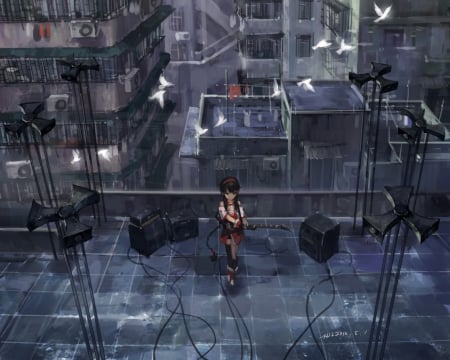 Above Everything Else - house, anime, anime girl, vocaloid, female, scenery, girl, scene, scenic, gloomy, dark, instrument, gloom, hd, vocaloids, building