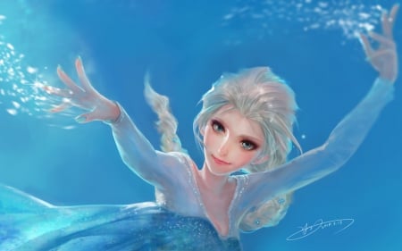 Elsa - winter, blue, girl, snow queen, fantasy, frozen, princess, elsa, disney, art