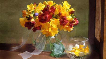 Still Life-flowers- - flowers, vase, yellow, still life