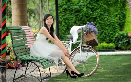 Bride - hat, bride, shoe, dress, girl, flower, stilettos, bike, white, green, woman, model, asian, park, japanese