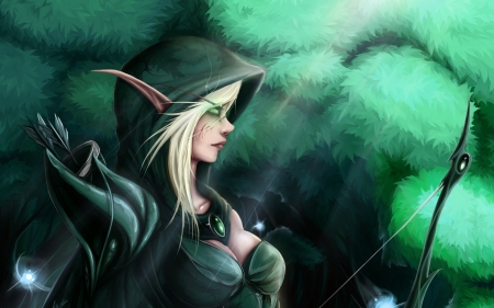 Archer - elf, game, fantasy, archer, hood, green, girl, blonde