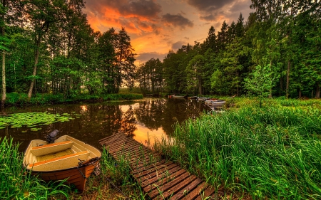 A quiet corner - sunset, boats, forest, river