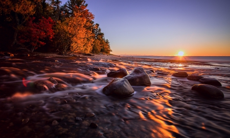 Sunset - river, sunset, nature, stones