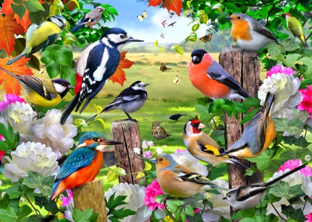 Birds for all seasons - pretty, blossoms, birds, company, meadow, spring, leaves, flowers, songbirds, field, art, greenery, beautiful, fence, blooming, tree, colorful, season, painting, animals