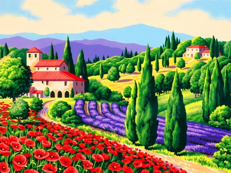 Lovely view - freshness, trees, countryside, colorful, field, meadow, spring, tuscan, painting, view, art, pretty, hills, lovely, beautiful, flowers, poppy