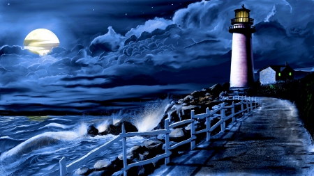 FULL MOON NIGHT - lighthouse, clouds, fullmoon, walkway, waves