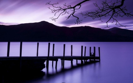 Purple sunset - mountains, purple, wallpaper, water, landscape, hd, lake, reflection, scene, sunset, nature, sunrise, dawn