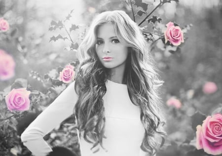 Model - roses, pink roses, girl, beauty, flower, pink, pink rose, flowers, girls, Model, rose, pink flowers, Models, pink flower