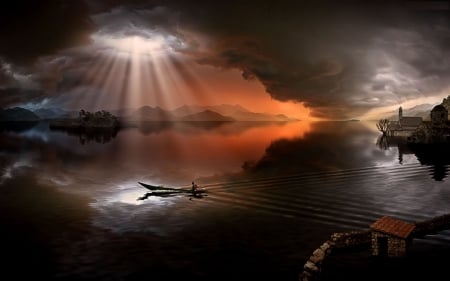 Fantasy Landscape - sky, lake, sunrays, boat, life, artwork, sun