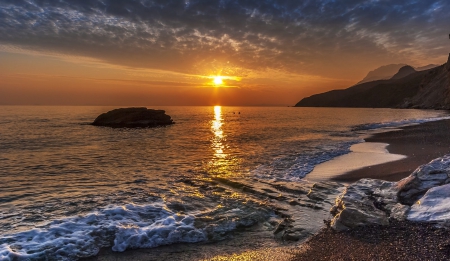 Golden Sunset - beaches, sky, mountains, greece, yellow, beautiful, clouds, red, island, sea