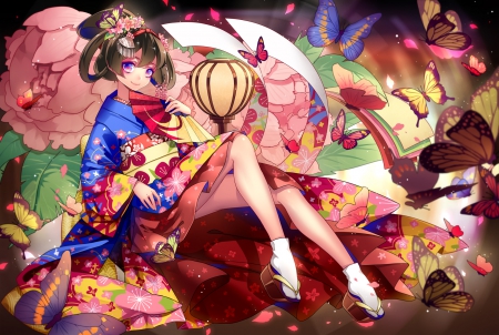 Geisha Butterflies - pretty, anime, elegant, kawaii, geisha, female, butterflies, maiden, dress, japan, oriental, gorgeous, nice, anime girl, beautiful, girl, fan, beauty, kimono, lovely, sweet, yukata, lady, butterfly, japanese