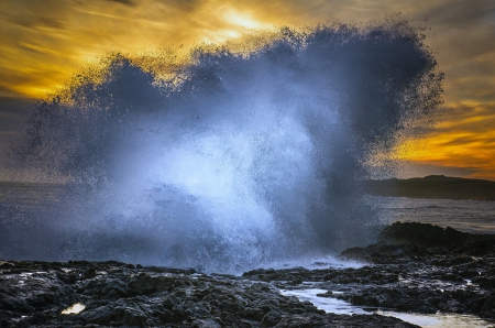 Wave Crashing at Sunset - wave, rocks, water, sunset