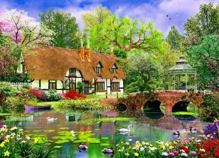 Paradise place - cottage, freshness, trees, paradise, flowering, countryside, spring, painting, art, blossoms, manor, house, pond, bridge, boat, lilies, blooming, lake, summer, place, beautiful, flowers