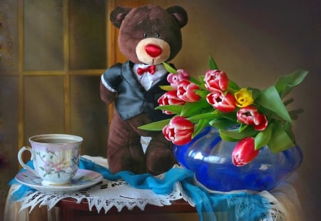 Still life - pretty, tulips, beautiful, flowers, vase, still life, cup, tea, home, teddy bear, nice, coffee, lovely