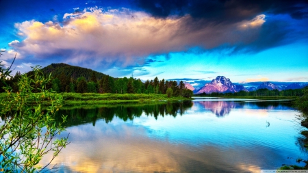 Beautiful spring - green nature, sky, lake, mountain, scenery, spring