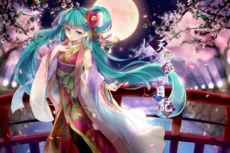 Love Song - pretty, anime, vocaloid, kawaii, female, blossom, hatsune miku, night, green hair, long hair, nice, moon, anime girl, beautiful, girl, beauty, kimono, lovely, sweet, flower, petals, yukata, miku, hatsune, floral, vocaloids