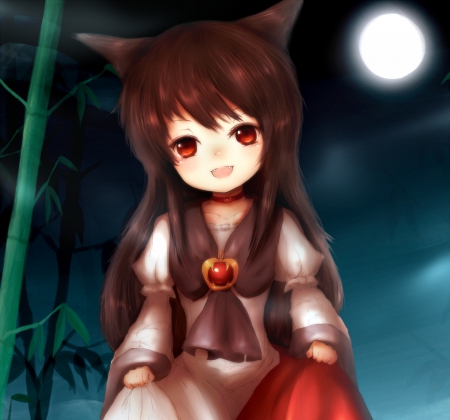 Moon Light - moon, female, adorable, girl, long hair, night, animegirl, brown hair, touhou, kawaii, anime, bamboo, cute