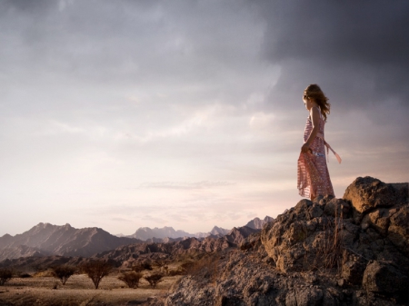 Shine on you - sky, mountains, tress, child, clouds, girl, grass