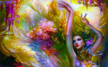 Flower Fairy - beauty, woman, girl, serene, colorful, wallpaper, fantasy, cg, art, gorgeous, beautiful, fairie, digital, fairy