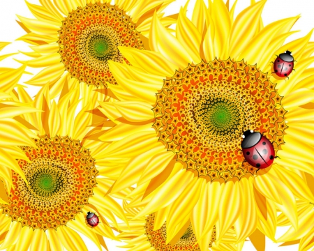 Beautiful flowers - flowers, lady bug, yellow, art