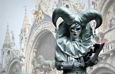 Venice Carnival - hat, grey, mask, venice, building, carnival, horns