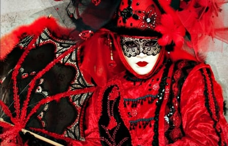 Venice Carnival - hat, feather, black, white, umbrella, mask, red, venice, woman, carnival