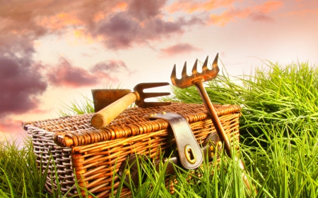 Gardening tools - basket, garden, tools, grass