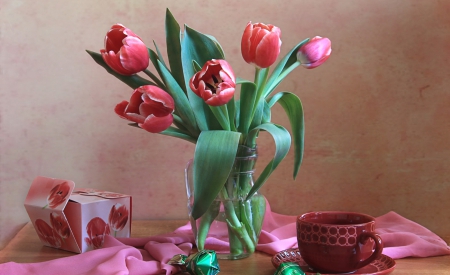 * Still life * - sweets, tulips, chocolate, flowers, spring, still life, cup