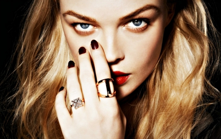 Siri Tollerod - woman, girl, blue eyes, ring, model, siri tollerod, red, hand, blonde