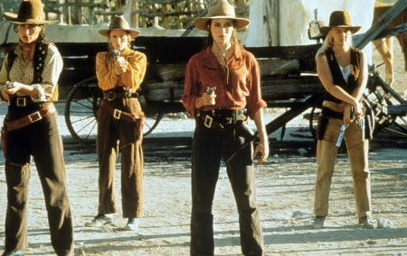 Cowgirls~BadGirls - Drew Barrymore, Andie MacDowell, guns, hats, wagon, Madeleine Stowe, western, cowgirls, movie, Mary Stuart Masterson, Badgirls