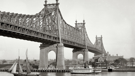 vintage queensboro bridge in nyc - vintage, river, island, black and white, bridge