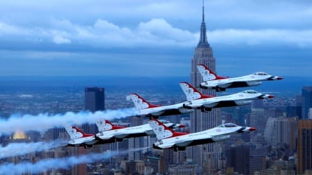 f16 thunderbirds over the empire state building nyc - planes, military, skyscraper, smoke, city