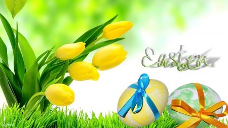 Easter - eggs, flowers, easter, tulip