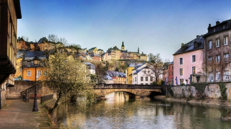 beautiful place hdr - trees, town, river, hdr, bridge