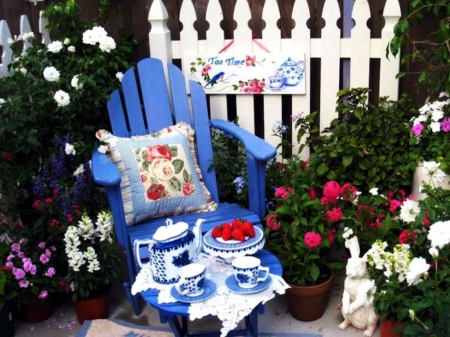 Silent Pace - fence, chair, blossoms, flowers, porcelain, garden