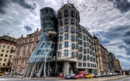 Dancing House at Prague - clouds, street, house, czech republic, building