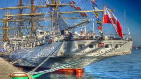 the dar mlodziezy a polish shailing ship hdr - flag, sail ship, dock, masts, hdr