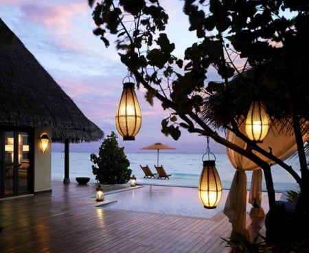 Romantic evening at the sea - evening, beach, lights, romantic