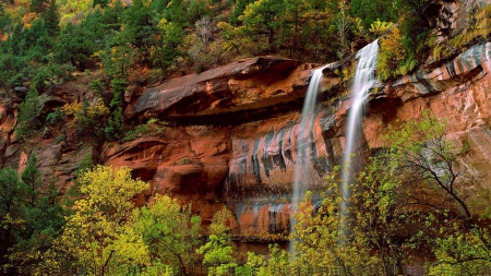 beautiful waterfall in zion national park - layers, trees, waterfall, rocks