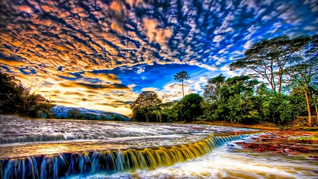 marvelous river falls at sunset hdr - trees, falls, river, clouds, sunset, hdr