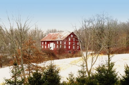 Once Grand in Red - winter, nature, barn, field, farm, architecture