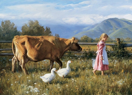 * In the village * - nature, village, cow, girl, field, birds