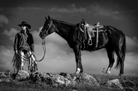 * Cowgirl * - women, girls, fun, people, female, cowgirl, cowgirls, hats, model, horses, saddles, style, westerns, fashion, boots, outdoors, horse